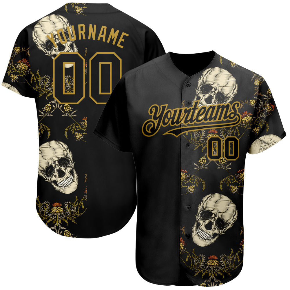 Custom Black Old Gold 3D Plant And Skull Fashion Authentic Baseball Jersey baseball jersey product view 1