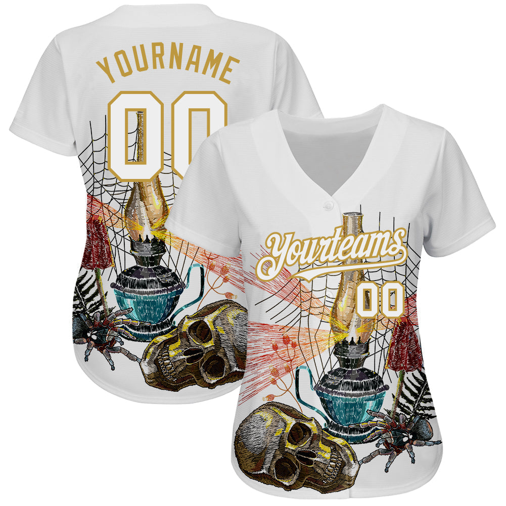 Custom White Old Gold 3D Spider And Skull Fashion Authentic Baseball Jersey baseball jersey product view 2