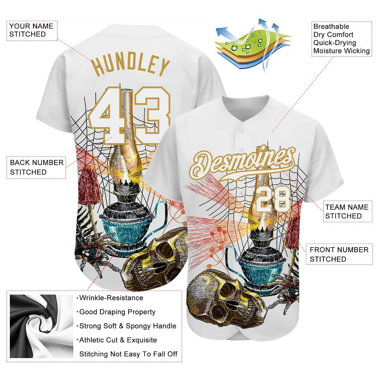 Custom White Old Gold 3D Spider And Skull Fashion Authentic Baseball Jersey baseball jersey product view 3