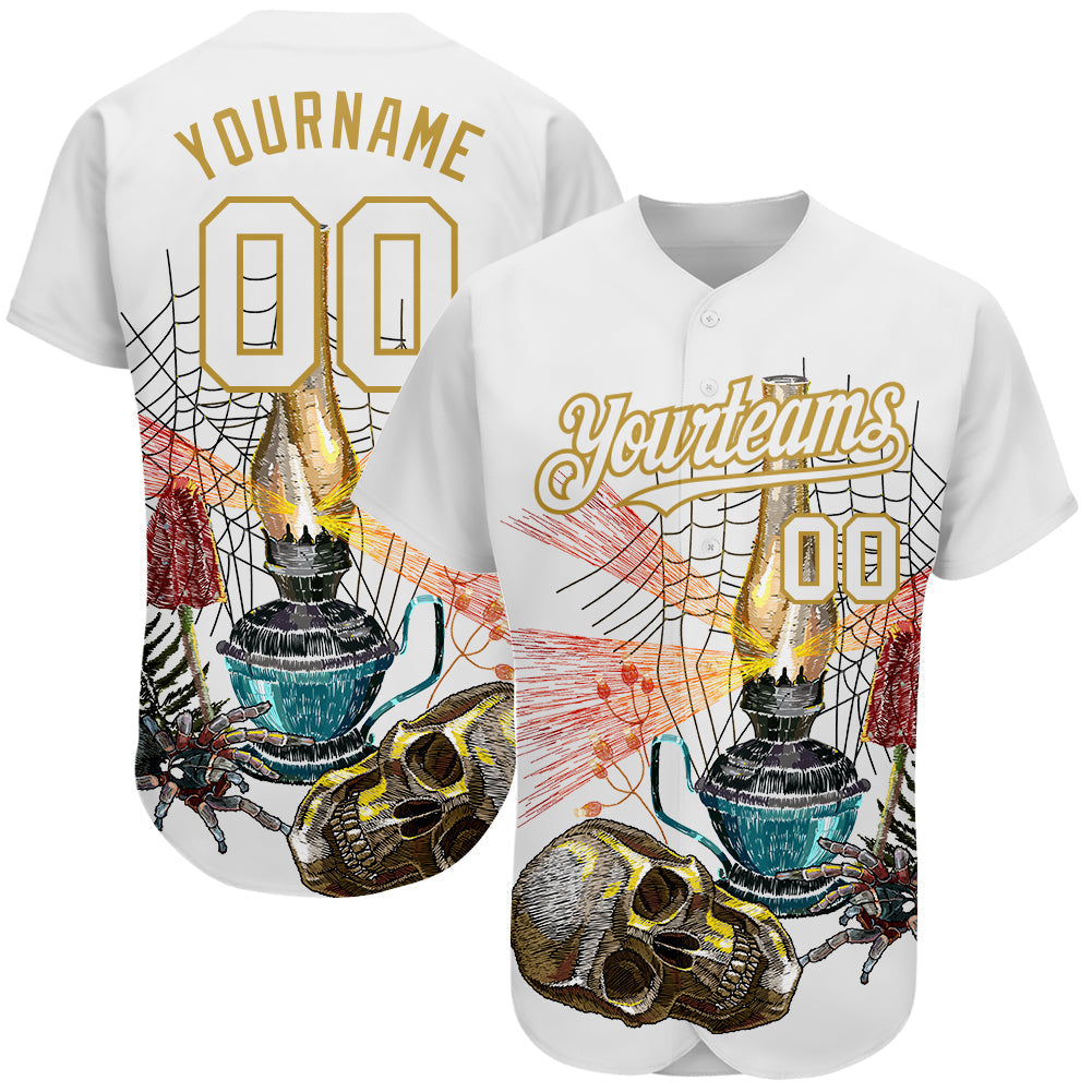 Custom White Old Gold 3D Spider And Skull Fashion Authentic Baseball Jersey baseball jersey product view 1