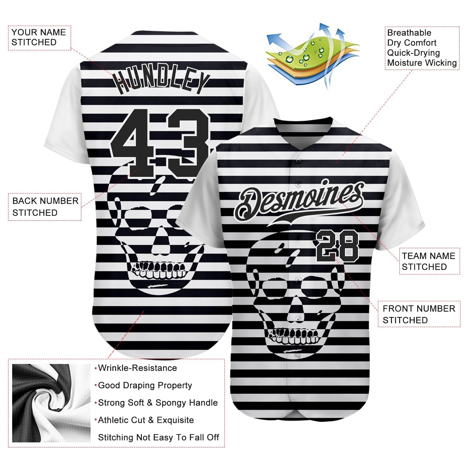 Custom White Black 3D Skull Fashion Authentic Baseball Jersey baseball jersey product view 3
