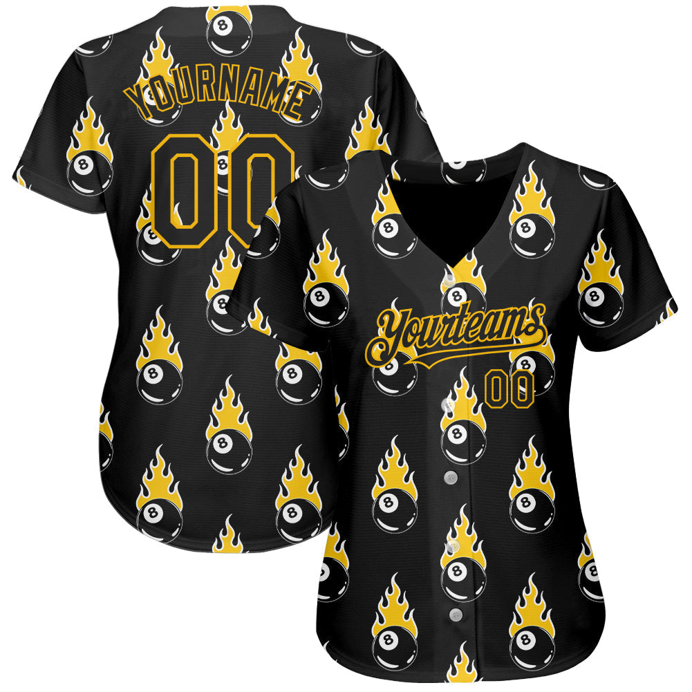 Custom Black Gold 3D Pattern Design Flaming Billiards Snooker 8 Ball Authentic Baseball Jersey baseball jersey product view 2