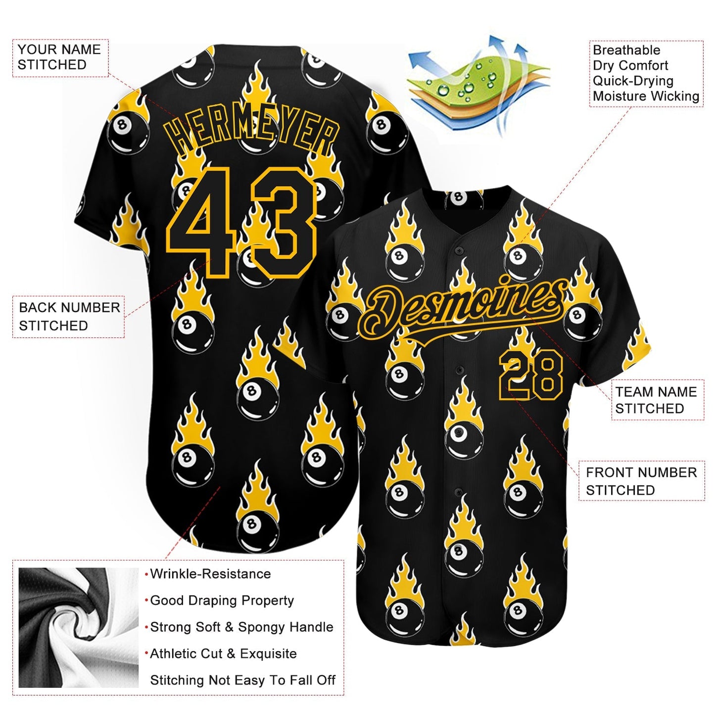 Custom Black Gold 3D Pattern Design Flaming Billiards Snooker 8 Ball Authentic Baseball Jersey baseball jersey product view 3