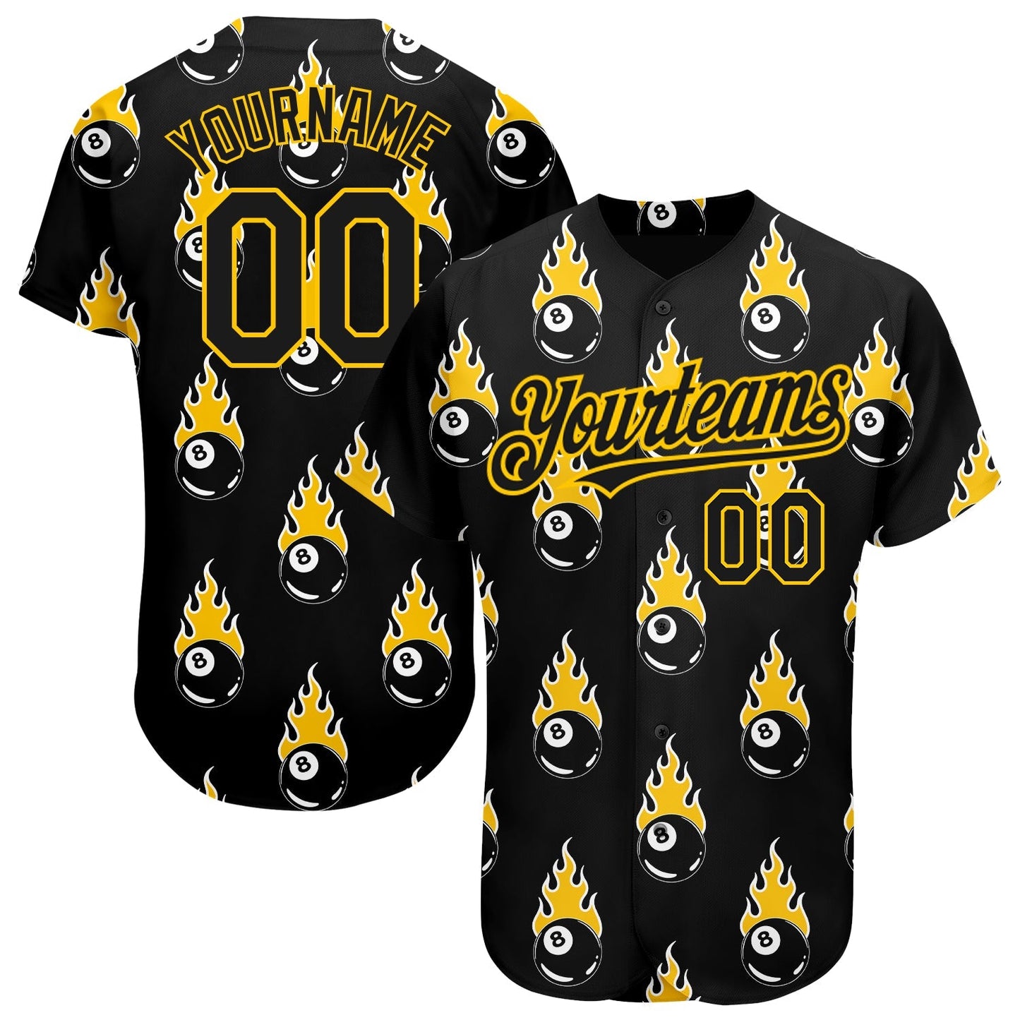 Custom Black Gold 3D Pattern Design Flaming Billiards Snooker 8 Ball Authentic Baseball Jersey baseball jersey product view 1