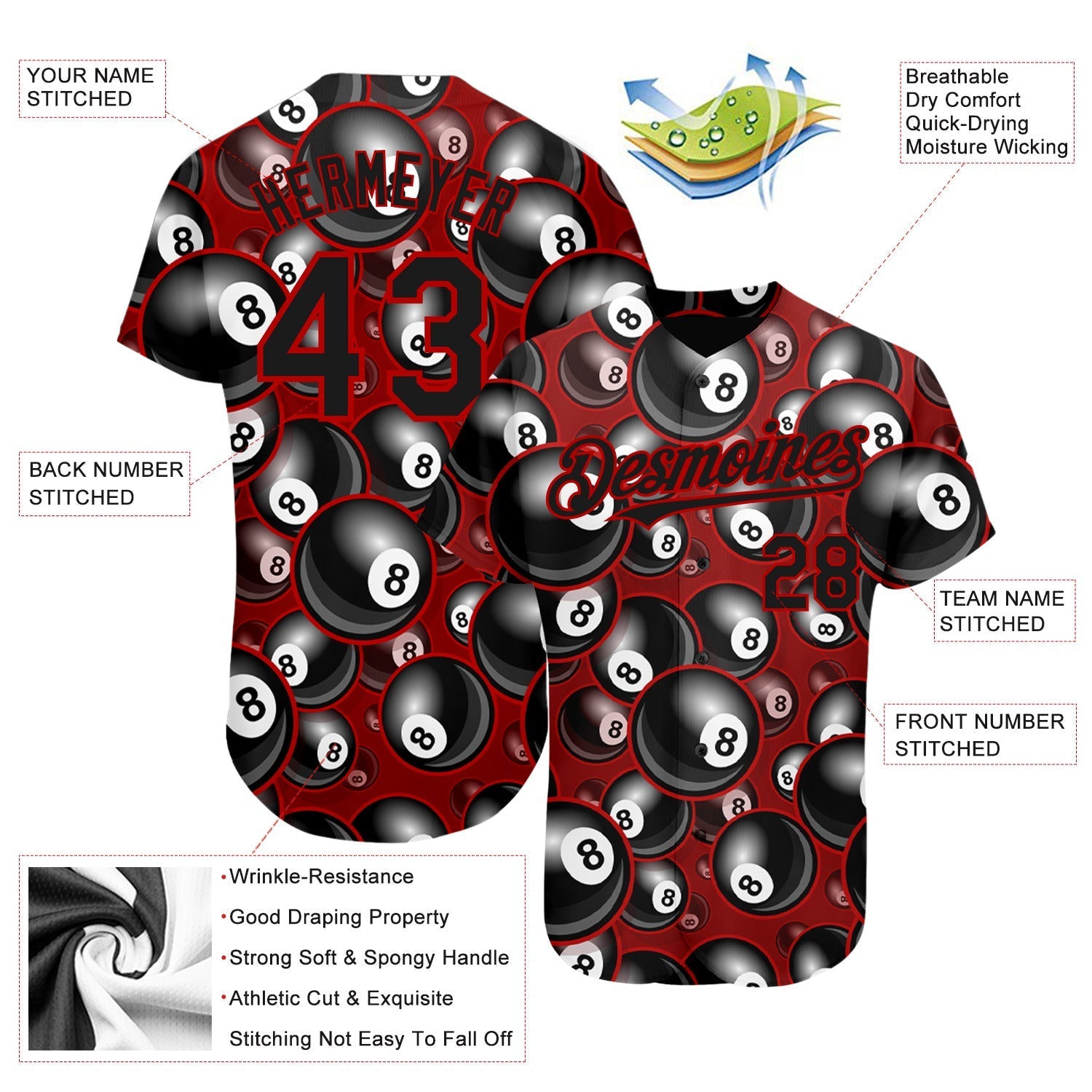 Custom Red Black 3D Pattern Design Billiards Snooker 8 Ball Authentic Baseball Jersey baseball jersey product view 3
