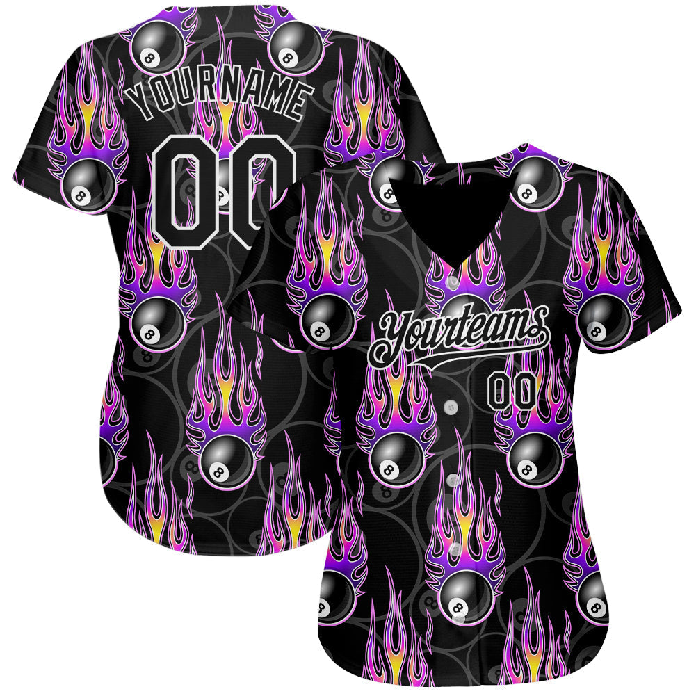 Custom Black White 3D Pattern Design Flaming Billiards Snooker 8 Ball Authentic Baseball Jersey baseball jersey product view 2