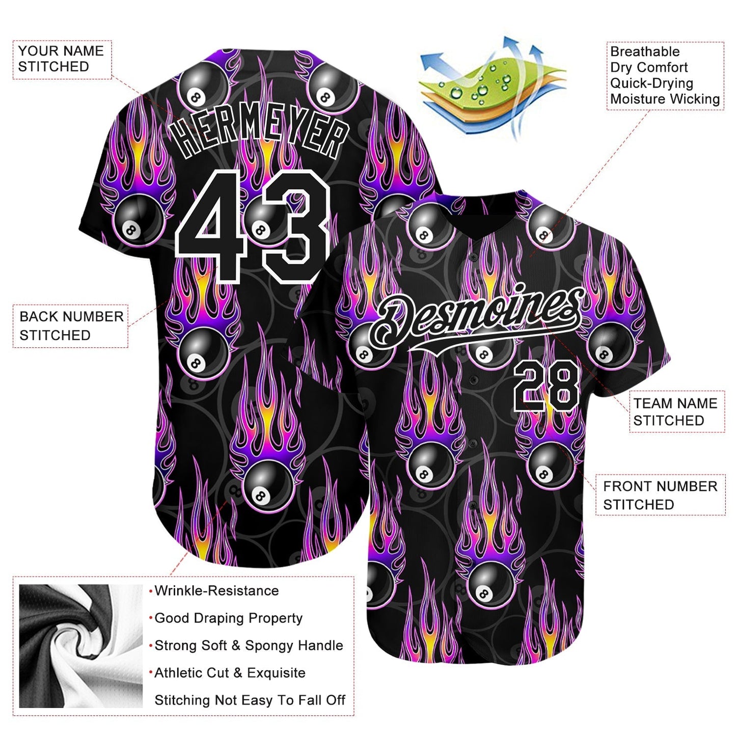 Custom Black White 3D Pattern Design Flaming Billiards Snooker 8 Ball Authentic Baseball Jersey baseball jersey product view 3