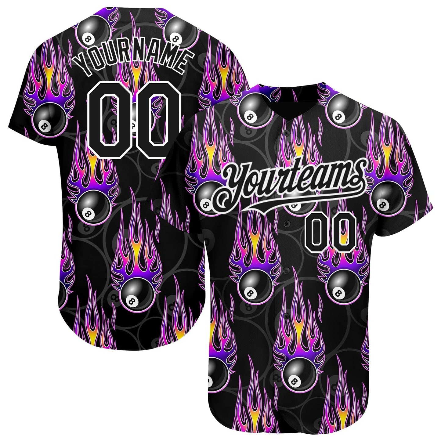Custom Black White 3D Pattern Design Flaming Billiards Snooker 8 Ball Authentic Baseball Jersey baseball jersey product view 1
