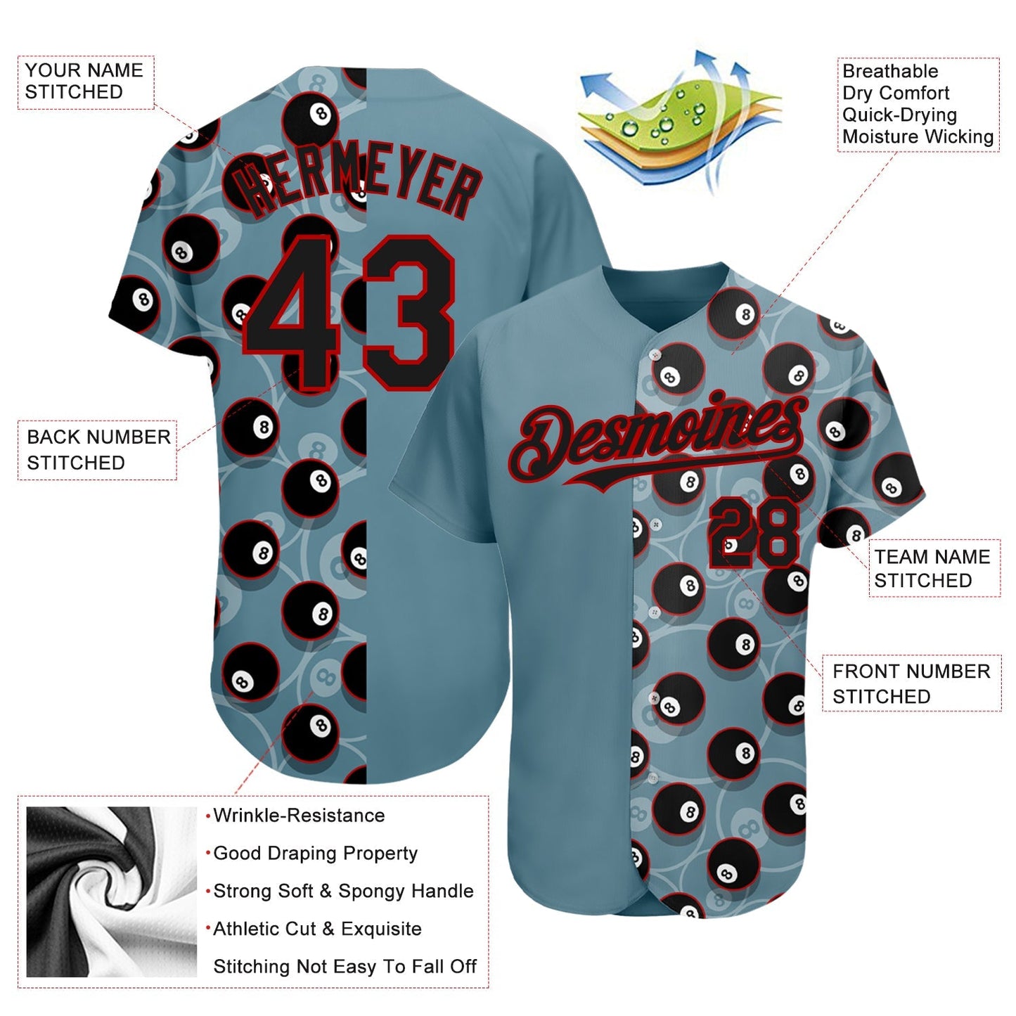 Custom Panther Blue Black-Red 3D Pattern Design Billiards Snooker 8 Ball Authentic Baseball Jersey baseball jersey product view 3