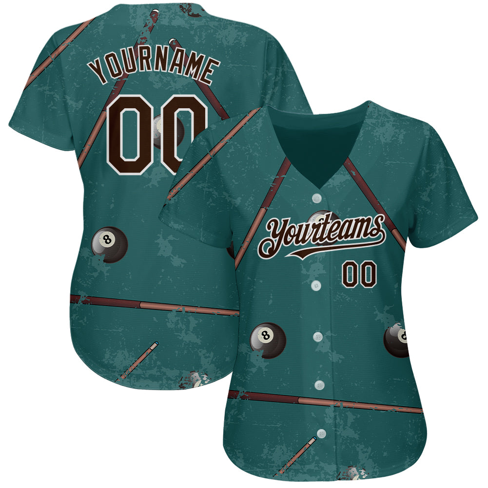 Custom Midnight Green Brown-White 3D Pattern Design Billiards Snooker 8 Ball Authentic Baseball Jersey baseball jersey product view 2