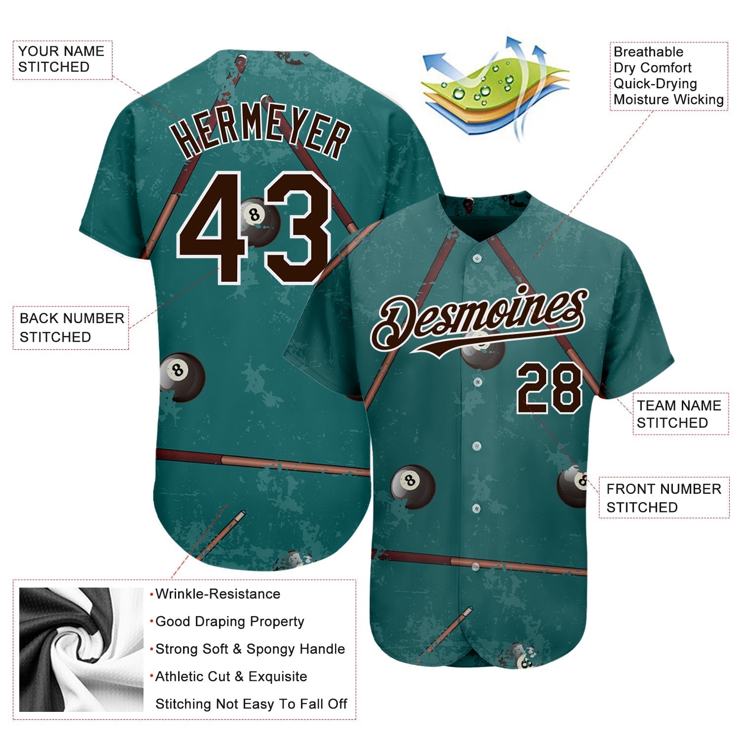 Custom Midnight Green Brown-White 3D Pattern Design Billiards Snooker 8 Ball Authentic Baseball Jersey baseball jersey product view 3