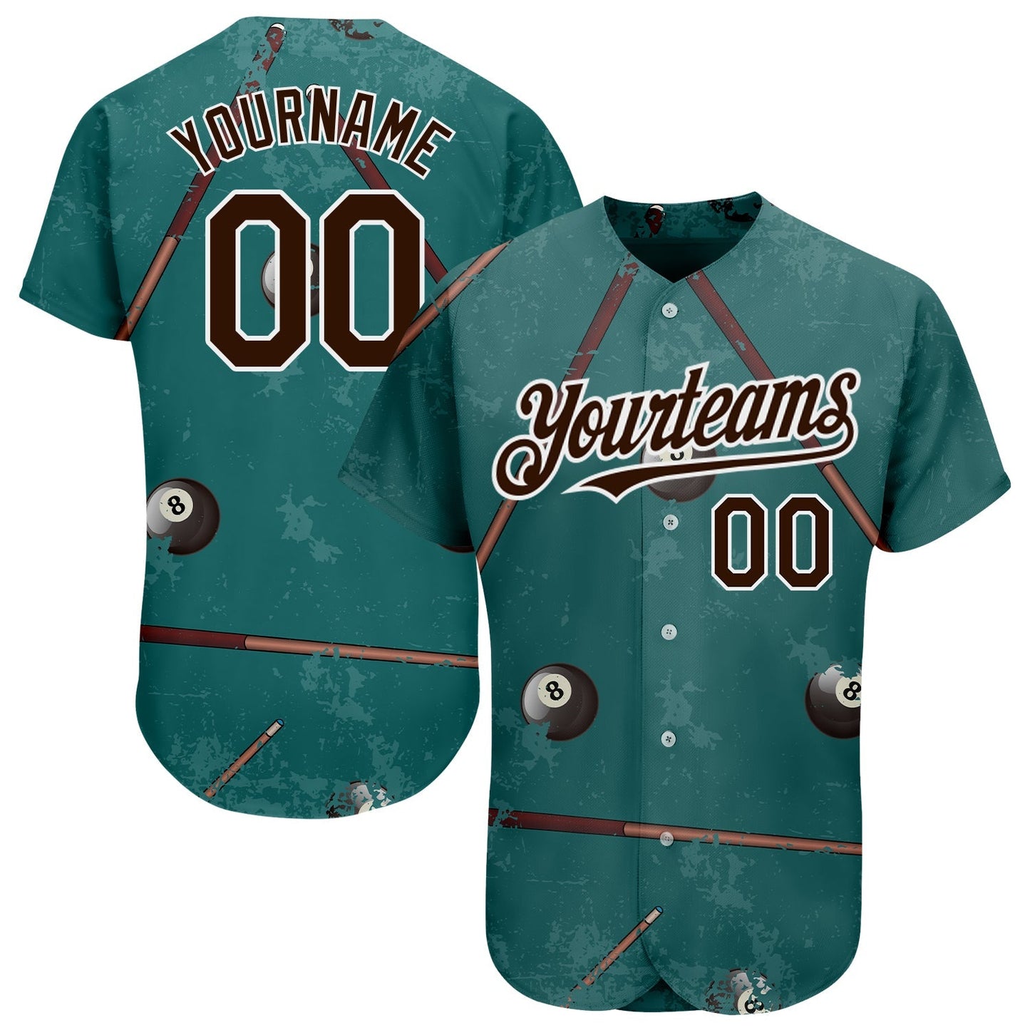 Custom Midnight Green Brown-White 3D Pattern Design Billiards Snooker 8 Ball Authentic Baseball Jersey baseball jersey product view 1
