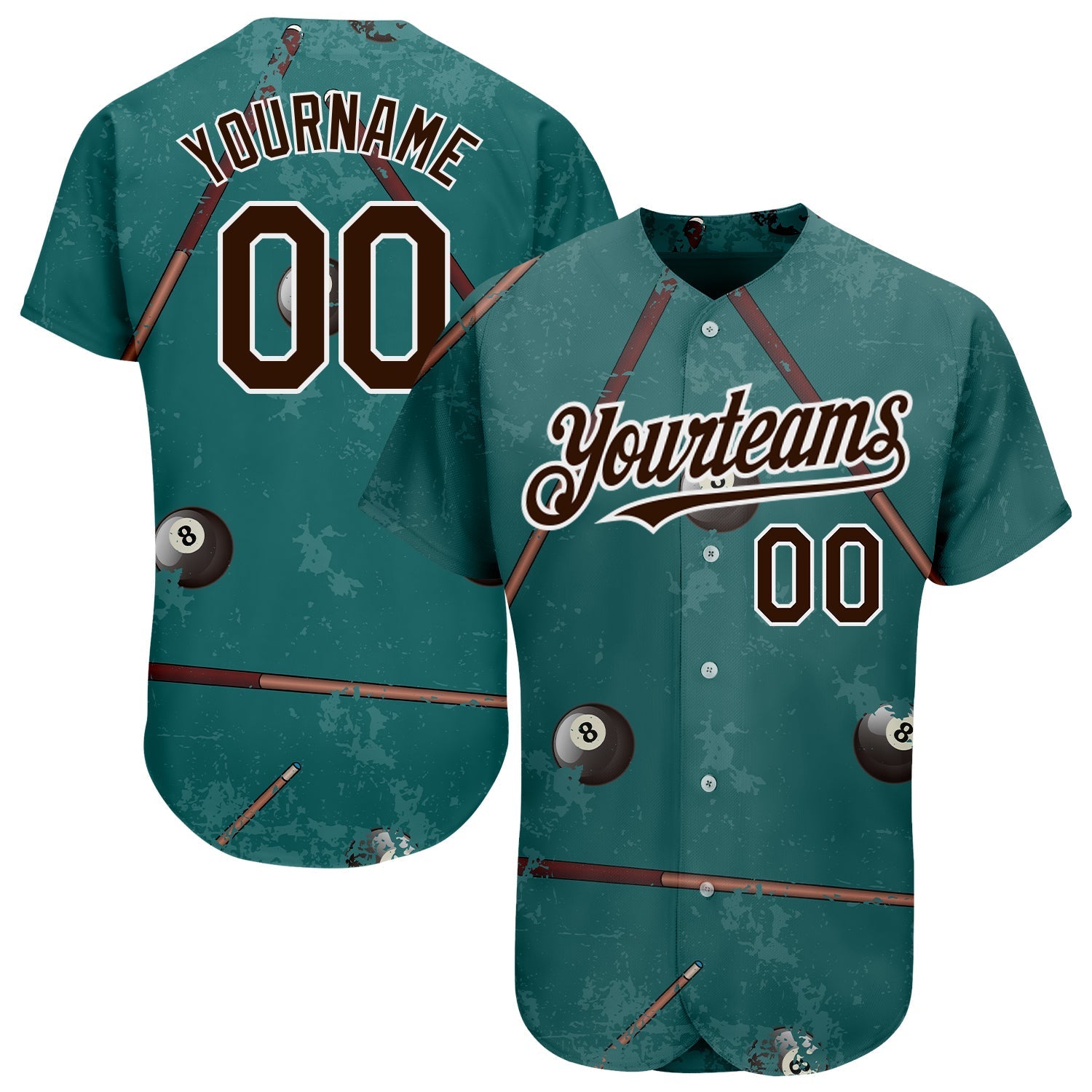 Custom Midnight Green Brown-White 3D Pattern Design Billiards Snooker 8 Ball Authentic Baseball Jersey baseball jersey product view 1