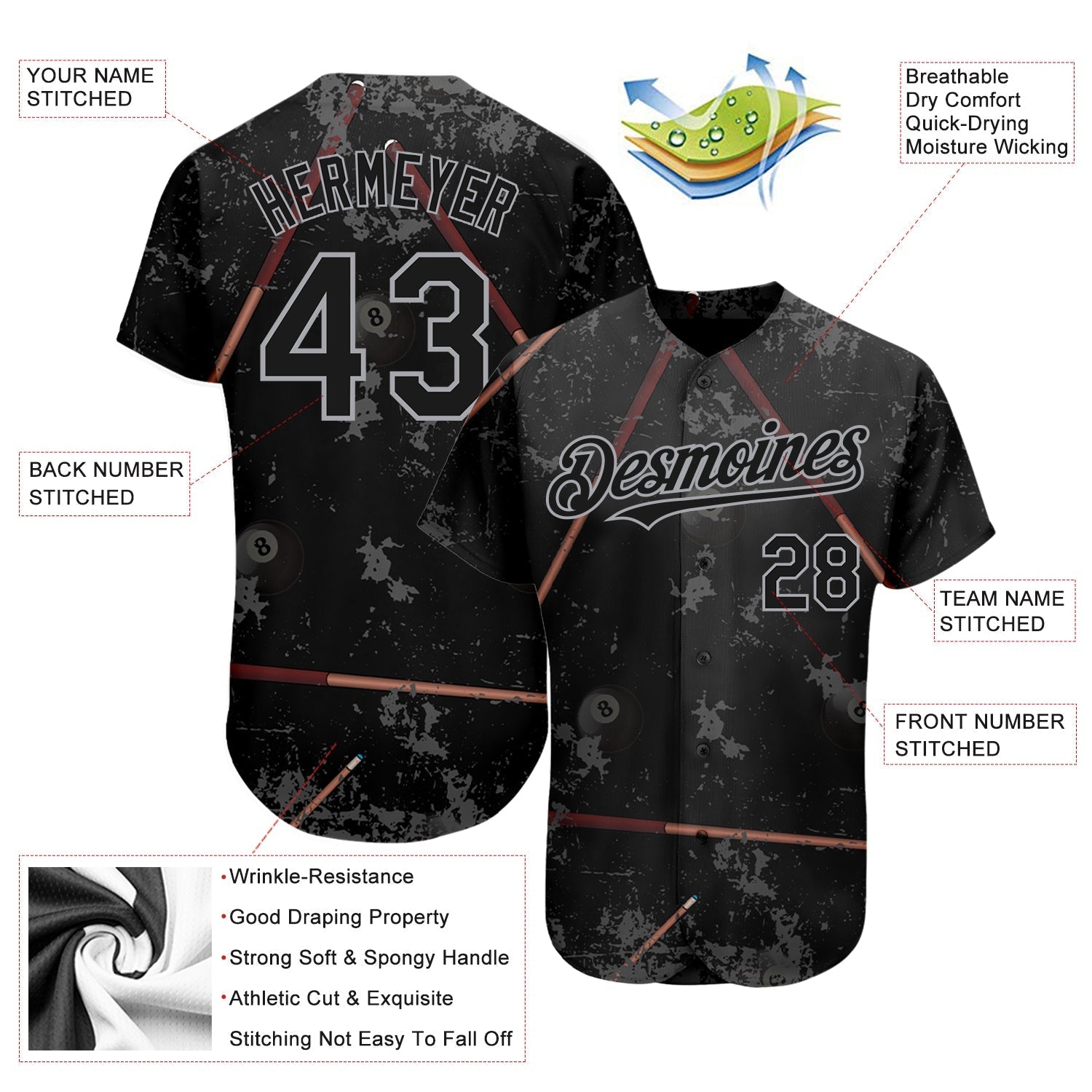 Custom Black Gray 3D Pattern Design Billiards Snooker 8 Ball Authentic Baseball Jersey baseball jersey product view 3