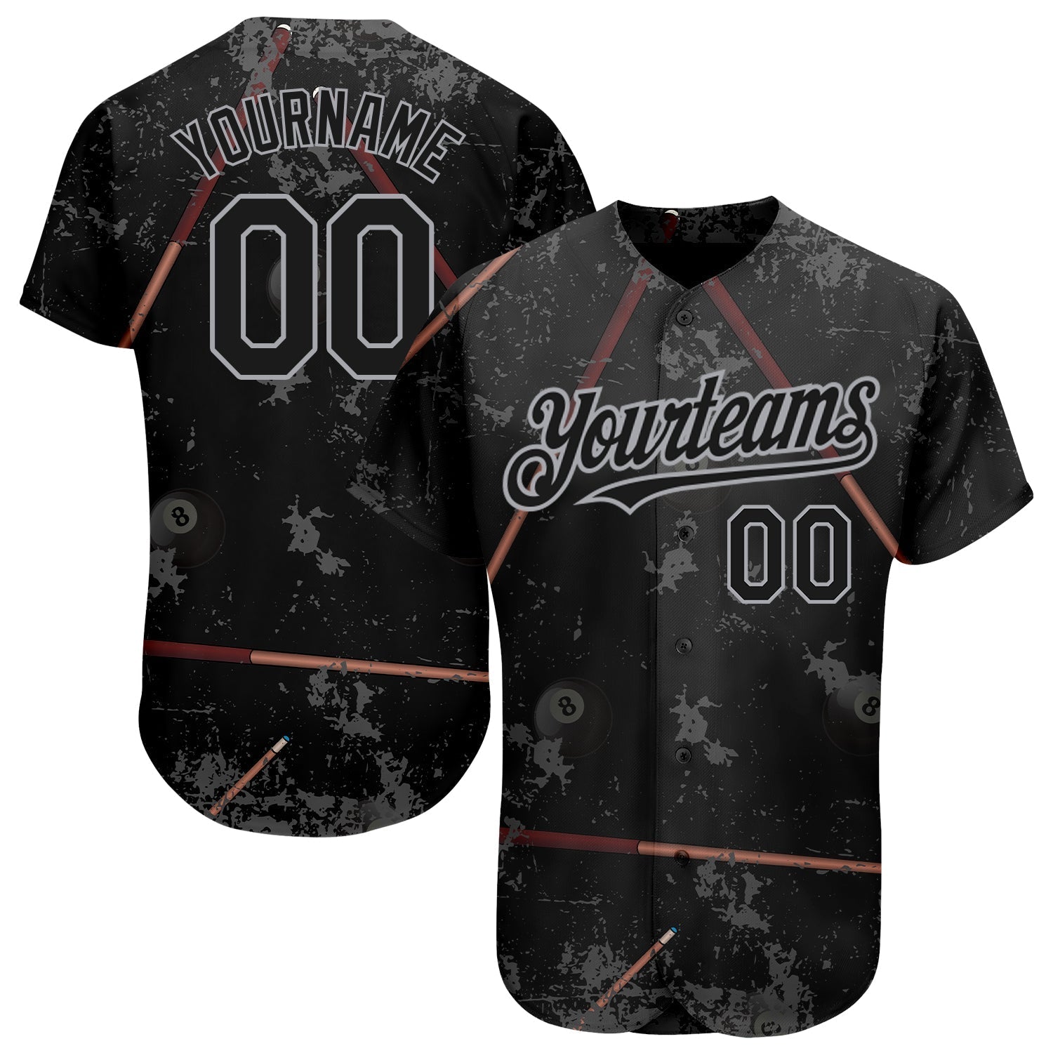 Custom Black Gray 3D Pattern Design Billiards Snooker 8 Ball Authentic Baseball Jersey baseball jersey product view 1