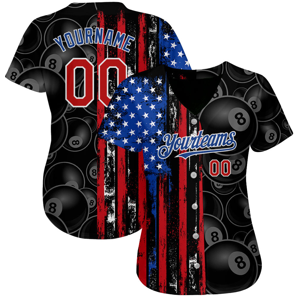Custom Black Red-Royal 3D Pattern Design Billiards Snooker 8 Ball American Flag Authentic Baseball Jersey baseball jersey product view 2