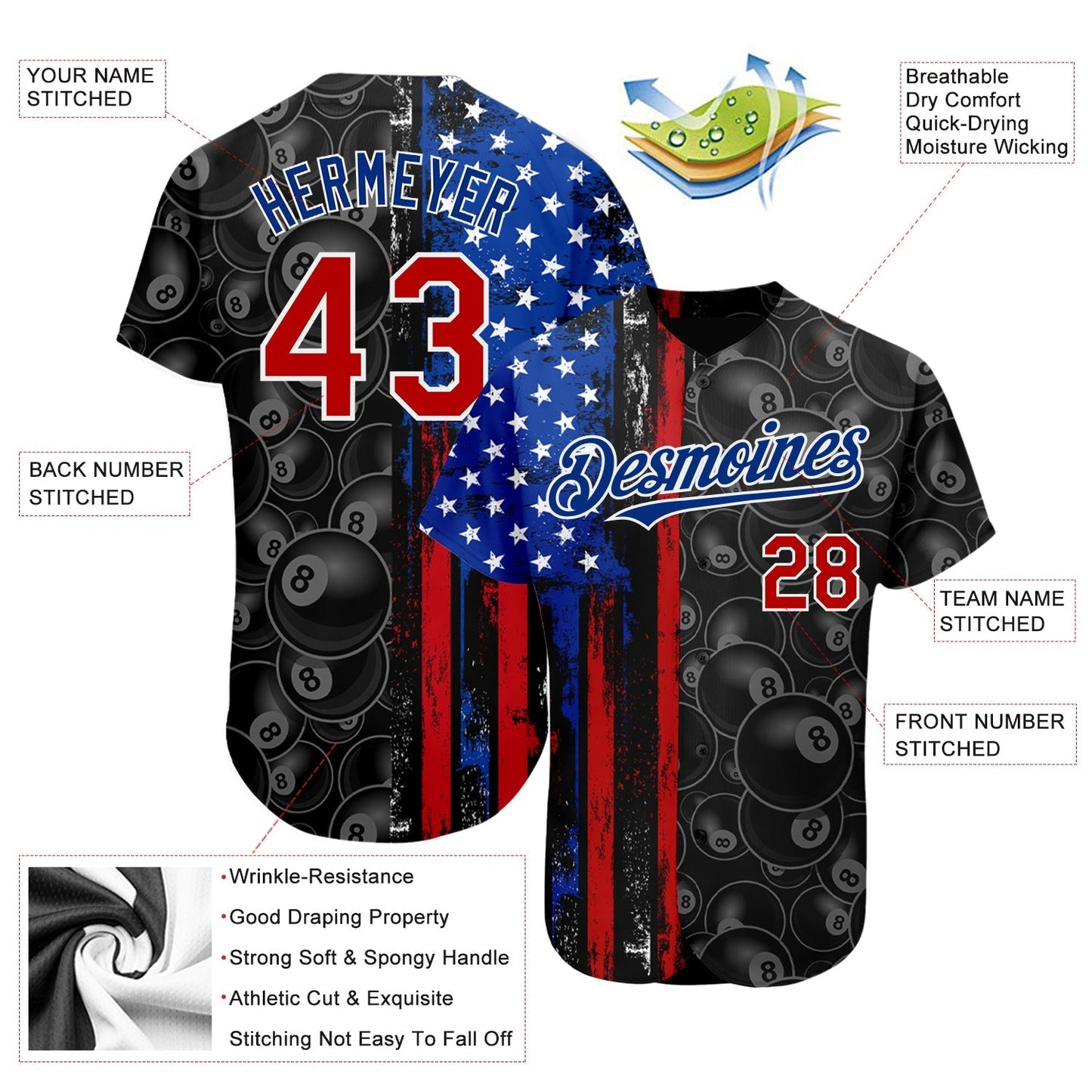 Custom Black Red-Royal 3D Pattern Design Billiards Snooker 8 Ball American Flag Authentic Baseball Jersey baseball jersey product view 3