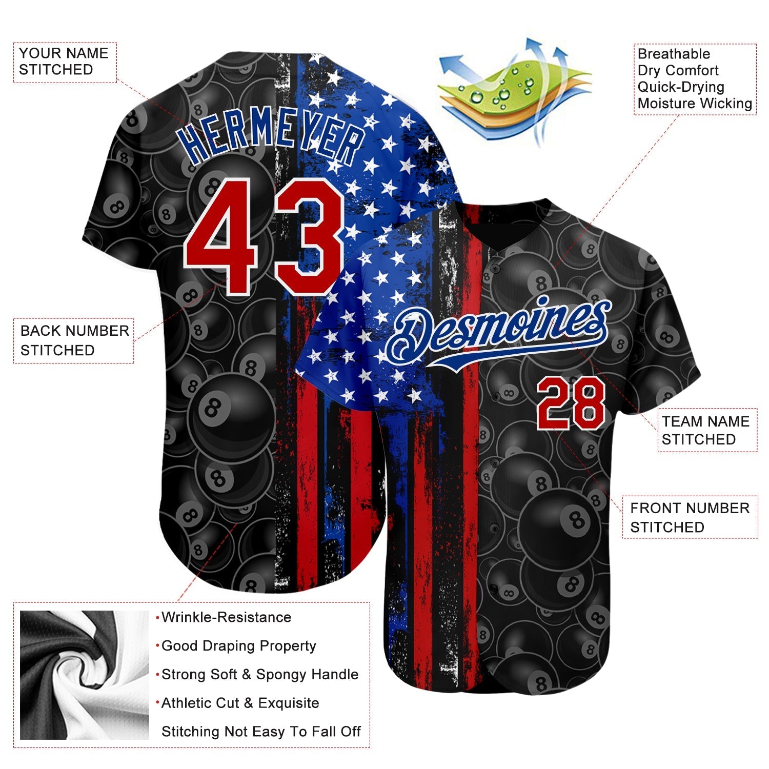 Custom Black Red-Royal 3D Pattern Design Billiards Snooker 8 Ball American Flag Authentic Baseball Jersey baseball jersey product view 3