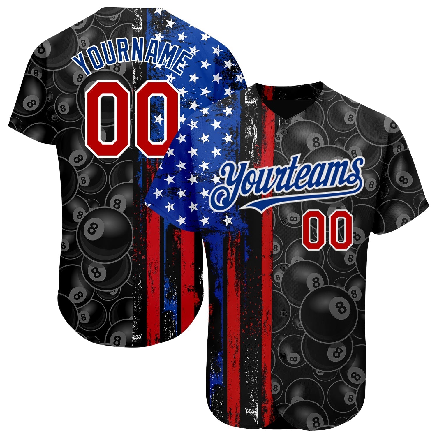 Custom Black Red-Royal 3D Pattern Design Billiards Snooker 8 Ball American Flag Authentic Baseball Jersey baseball jersey product view 1