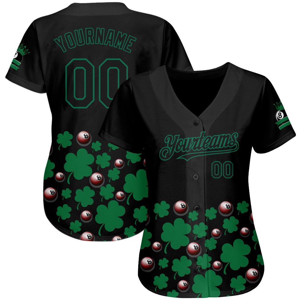 Custom Black Green 3D Pattern Design Clovers And Billiards Balls St. Patrick's Day Authentic Baseball Jersey baseball jersey product view 2