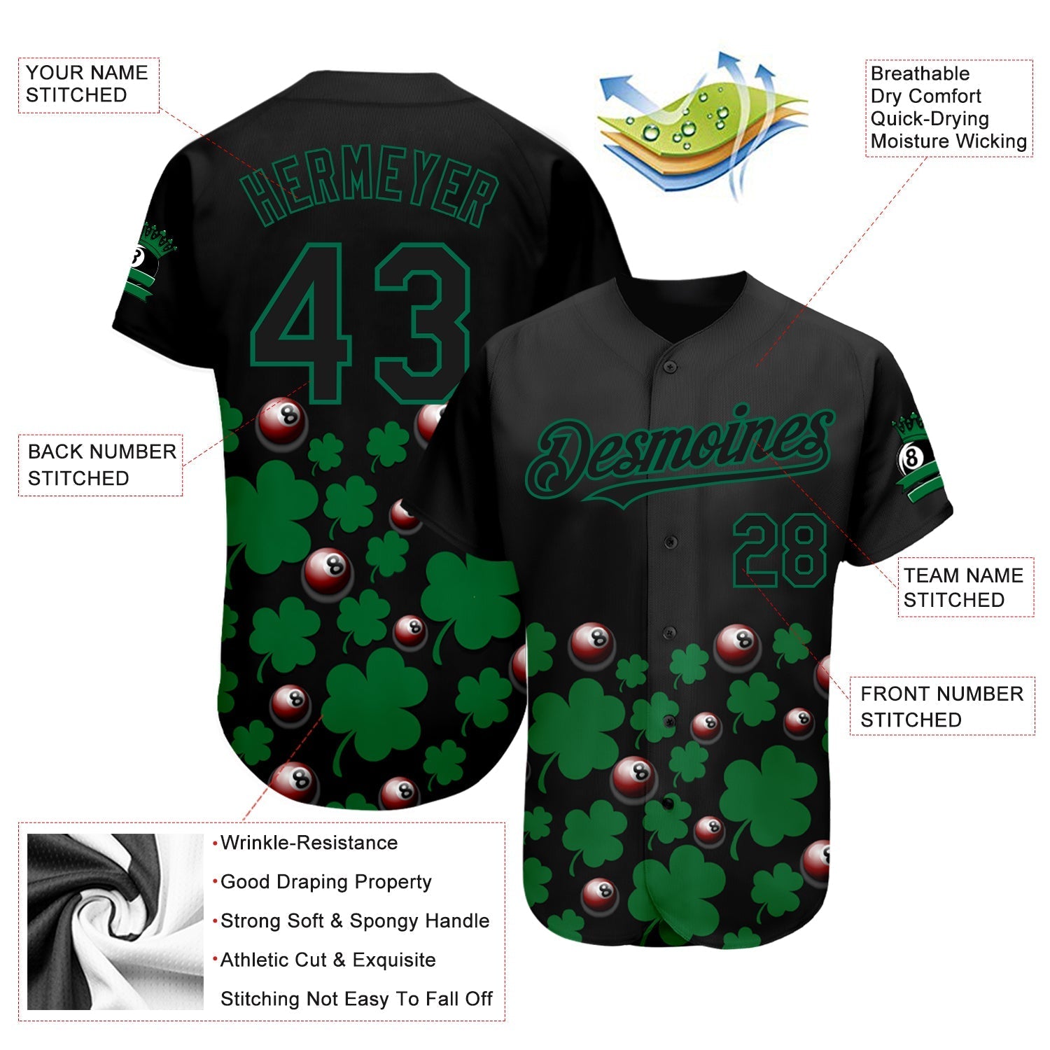 Custom Black Green 3D Pattern Design Clovers And Billiards Balls St. Patrick's Day Authentic Baseball Jersey baseball jersey product view 3