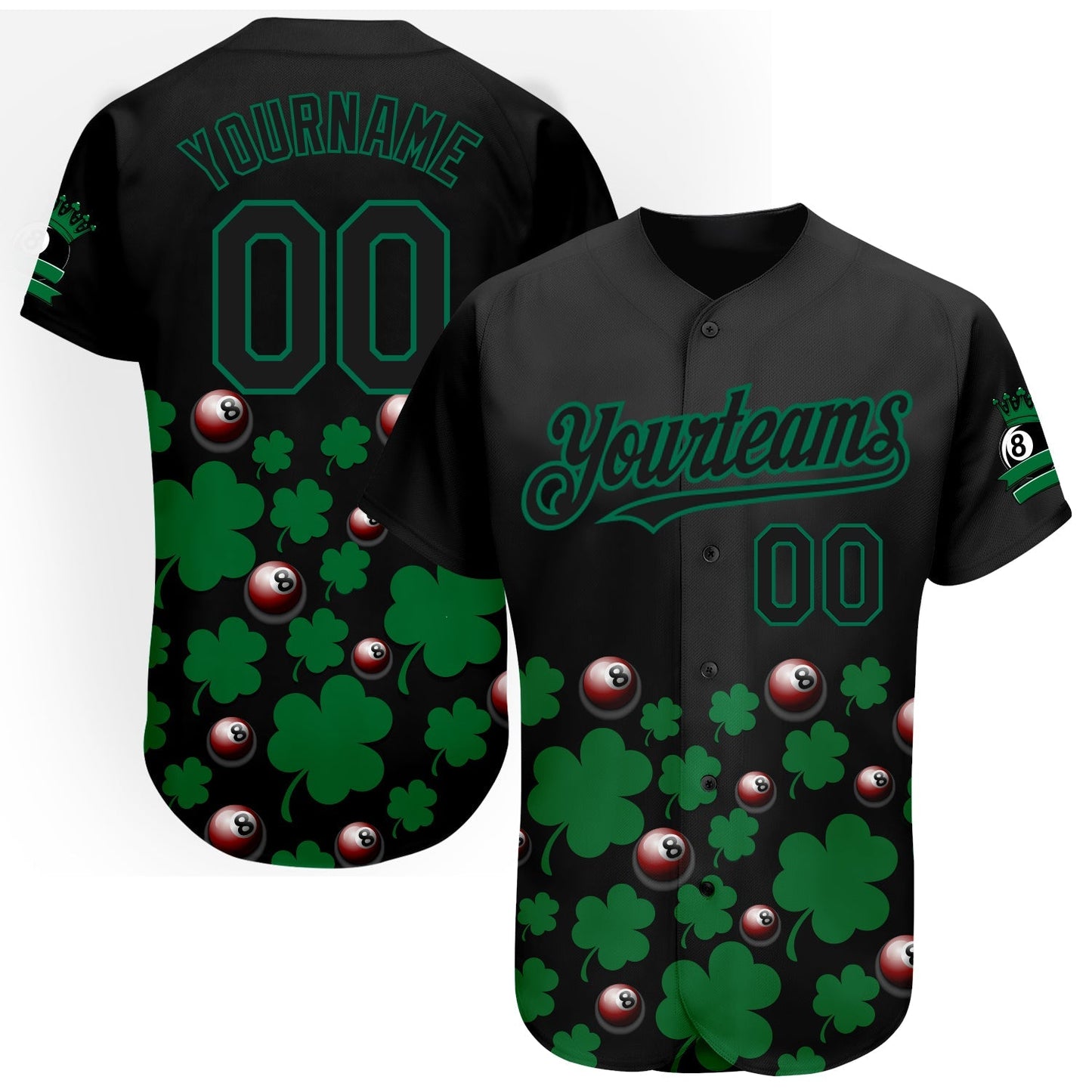 Custom Black Green 3D Pattern Design Clovers And Billiards Balls St. Patrick's Day Authentic Baseball Jersey baseball jersey product view 1