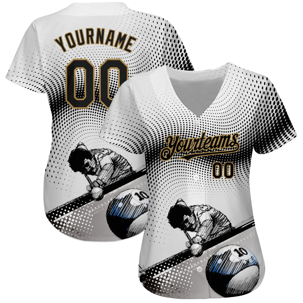 Custom White Black-Old Gold 3D Pattern Design Billiards Authentic Baseball Jersey baseball jersey product view 2