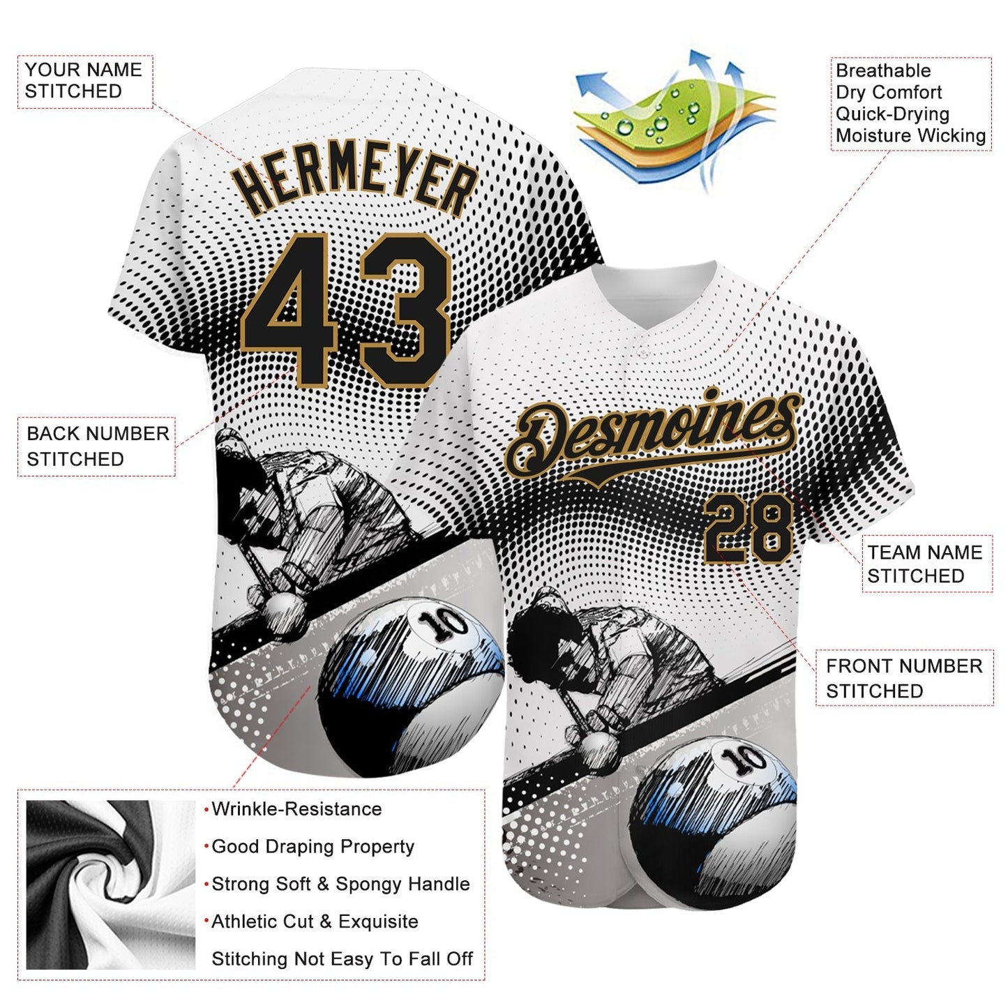 Custom White Black-Old Gold 3D Pattern Design Billiards Authentic Baseball Jersey baseball jersey product view 3