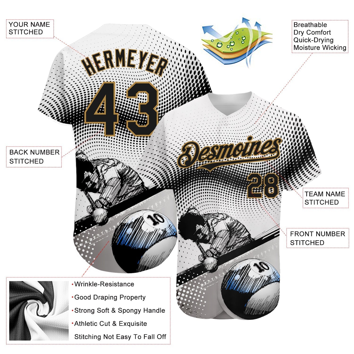 Custom White Black-Old Gold 3D Pattern Design Billiards Authentic Baseball Jersey baseball jersey product view 3