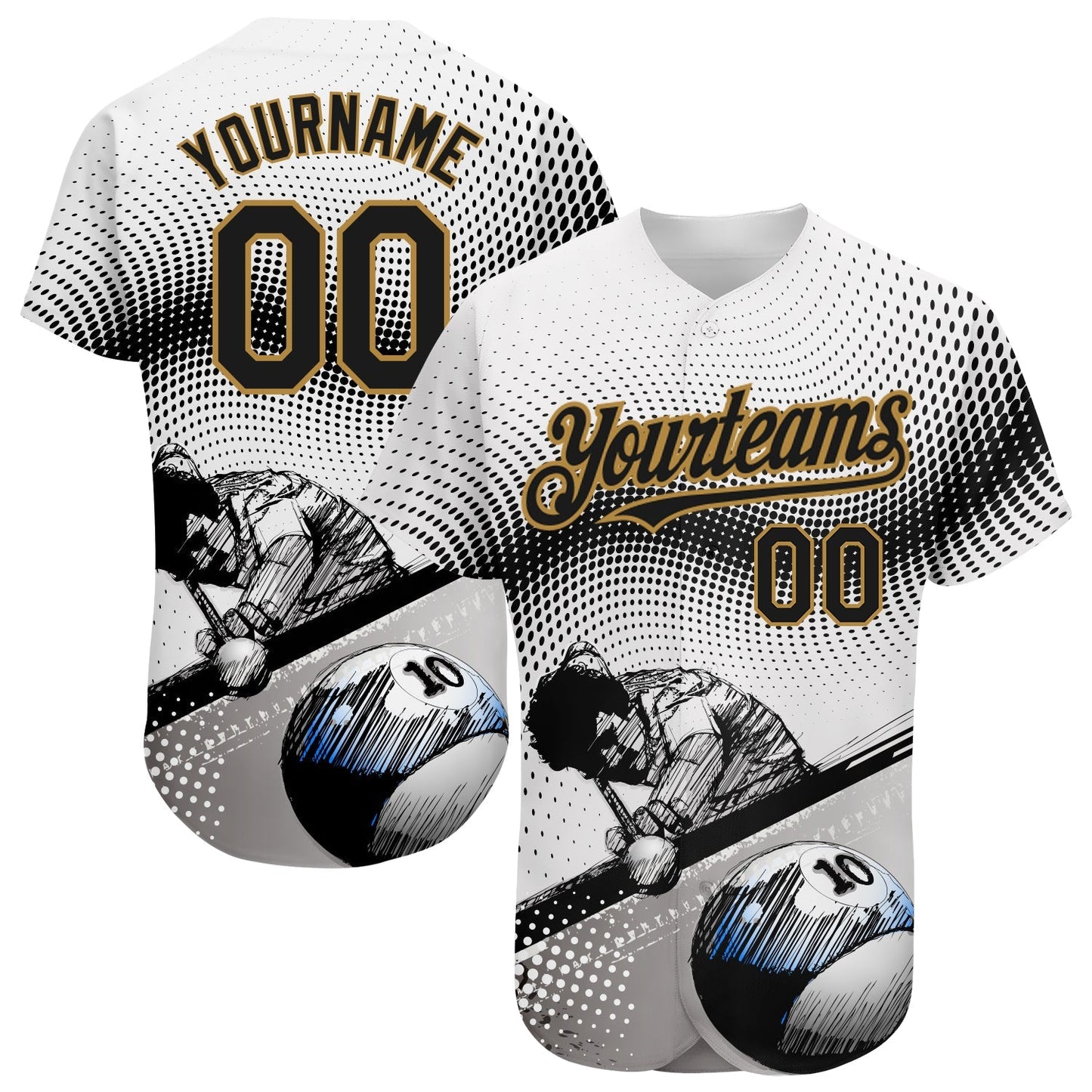 Custom White Black-Old Gold 3D Pattern Design Billiards Authentic Baseball Jersey baseball jersey product view 1