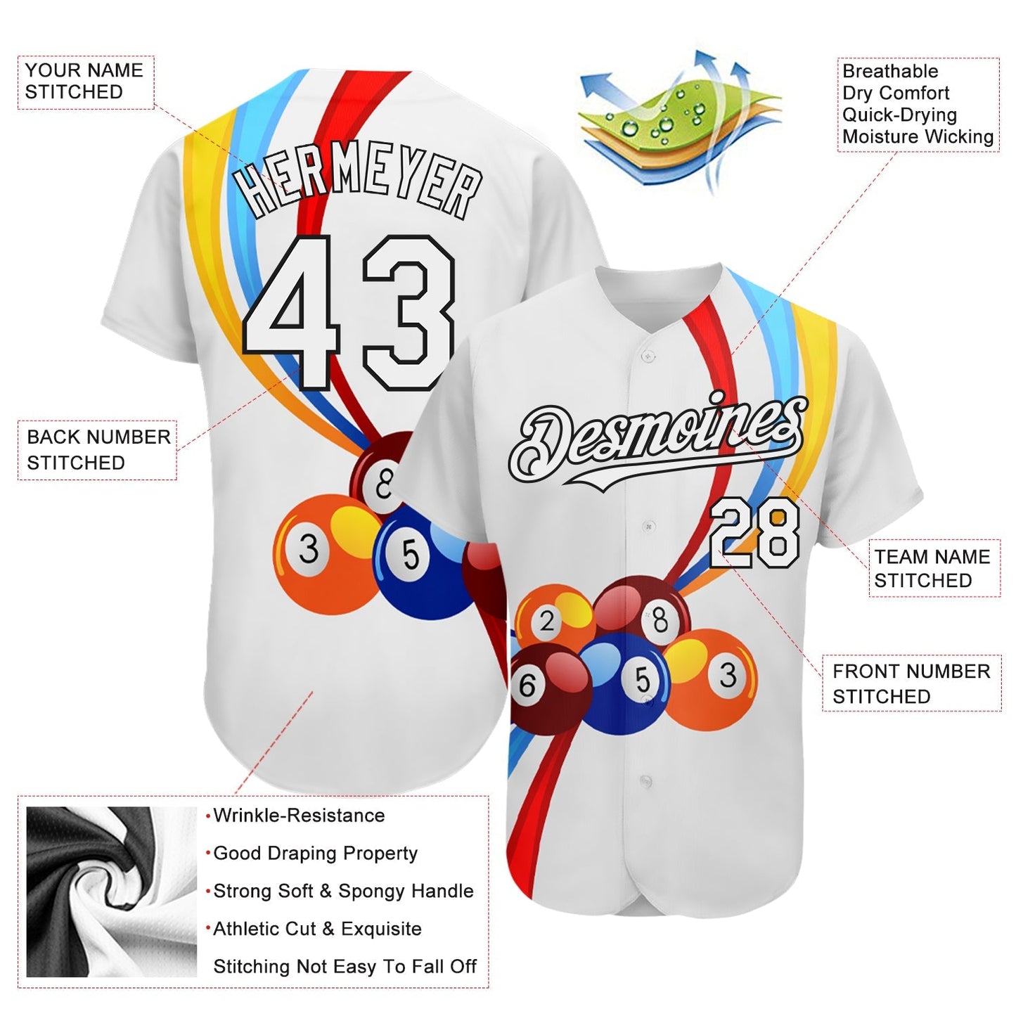 Custom White Black 3D Pattern Design Billiards Authentic Baseball Jersey baseball jersey product view 3