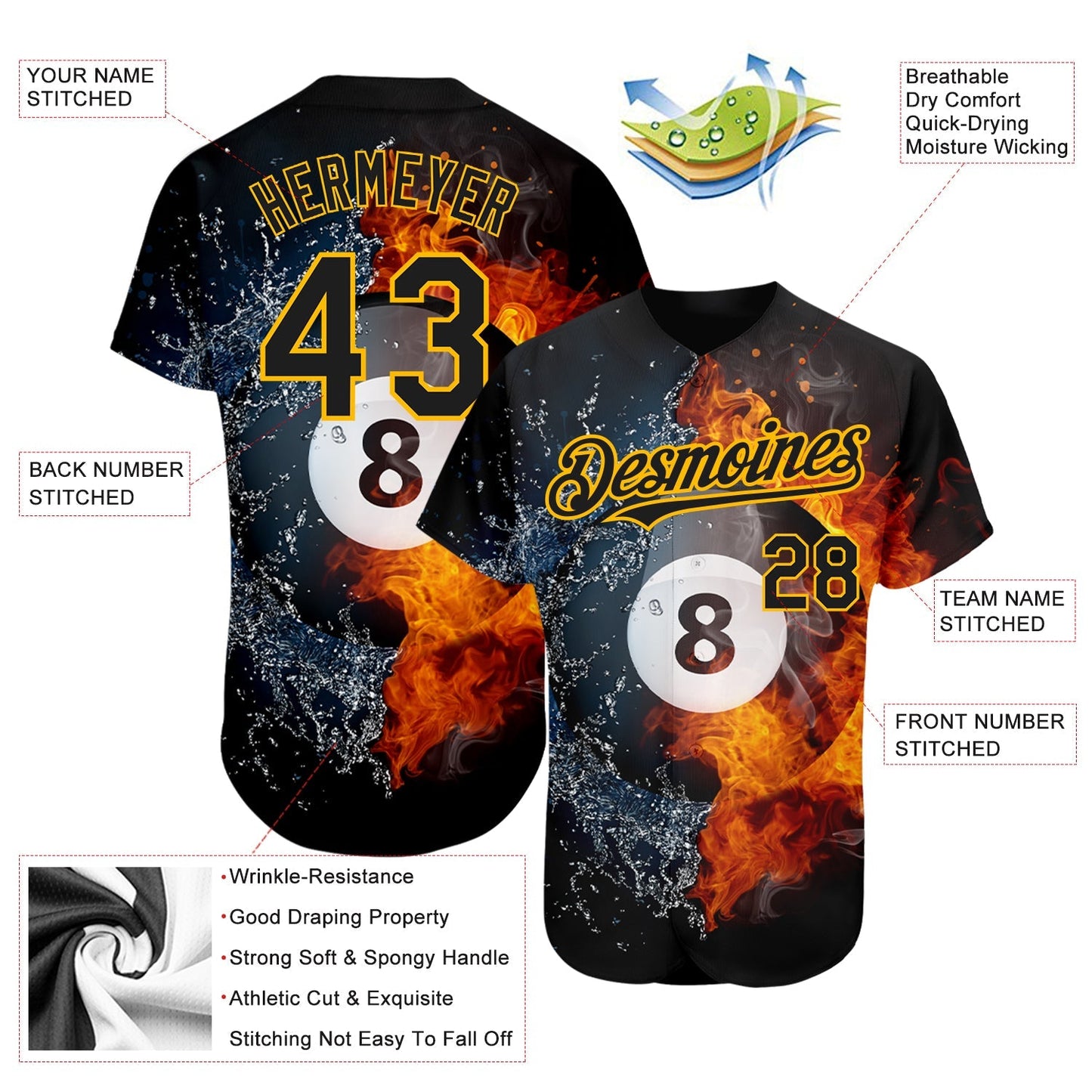 Custom Black Gold 3D Pattern Design Billiards Snooker 8 Ball Authentic Baseball Jersey baseball jersey product view 3