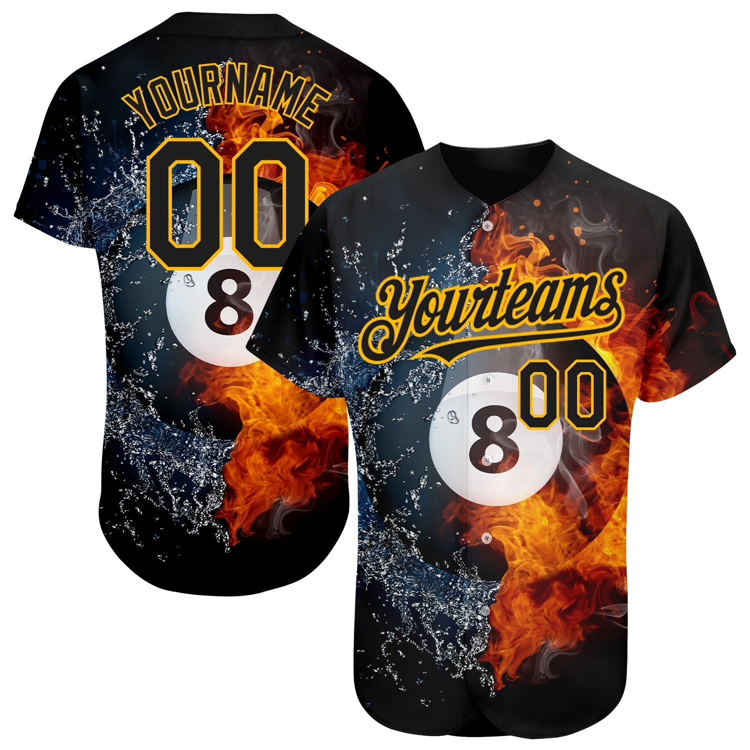 Custom Black Gold 3D Pattern Design Billiards Snooker 8 Ball Authentic Baseball Jersey baseball jersey product view 1