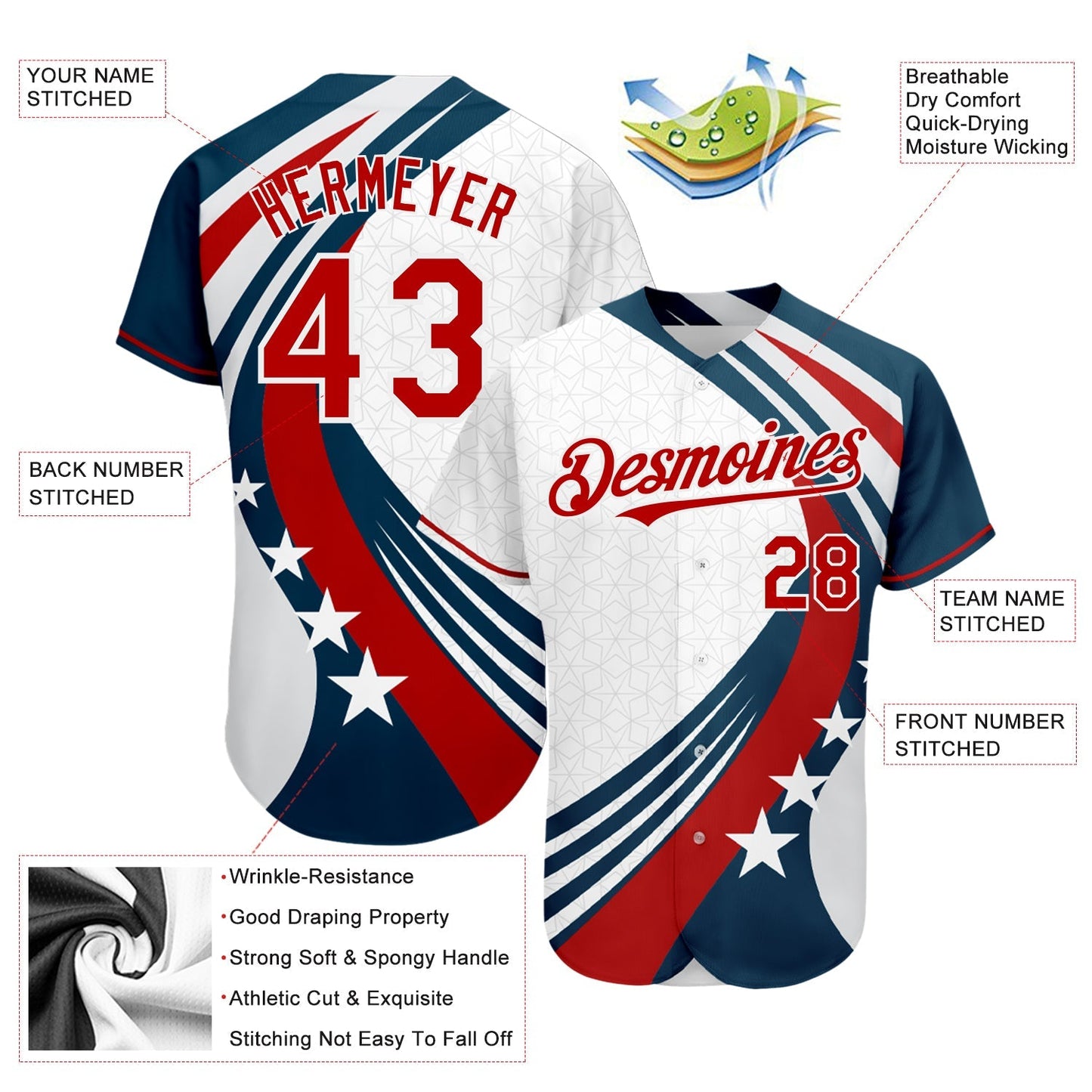 Custom White Red 3D American Flag Authentic Baseball Jersey baseball jersey product view 3