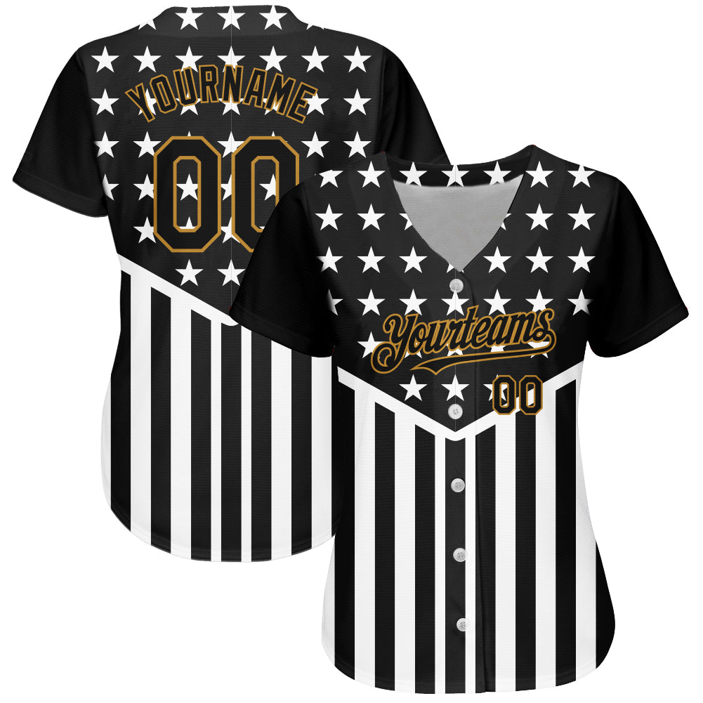 Custom Black Old Gold-White 3D American Flag Authentic Baseball Jersey baseball jersey product view 2