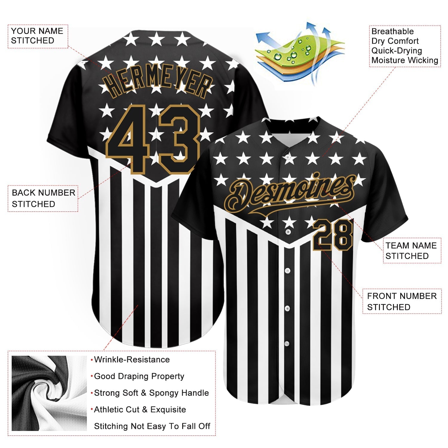 Custom Black Old Gold-White 3D American Flag Authentic Baseball Jersey baseball jersey product view 3