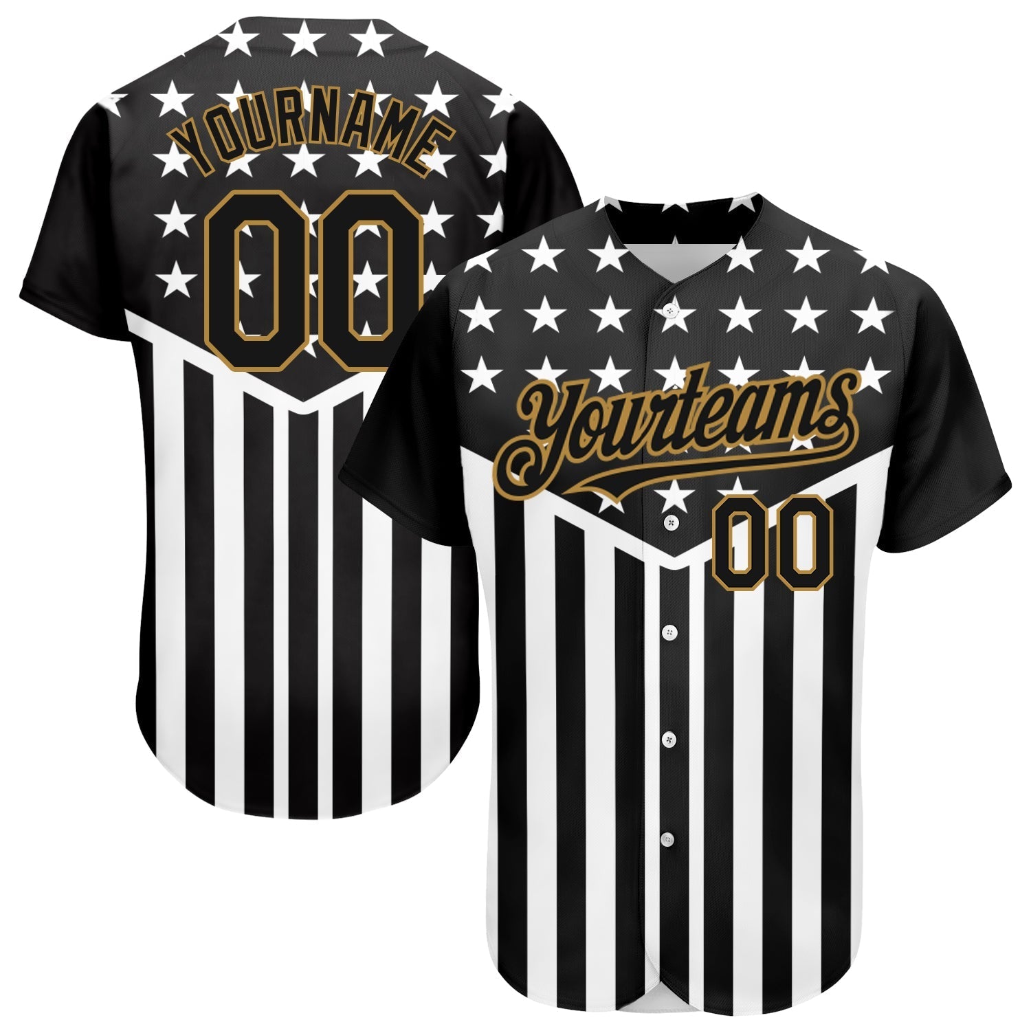 Custom Black Old Gold-White 3D American Flag Authentic Baseball Jersey baseball jersey product view 1