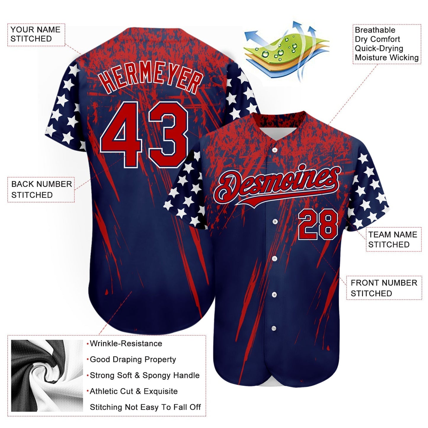 Custom Navy Red-Royal 3D American Flag Authentic Baseball Jersey baseball jersey product view 3