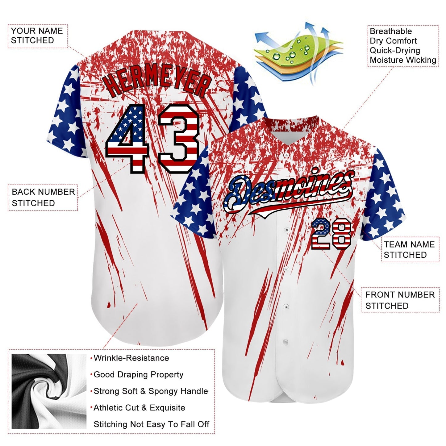 Custom White USA Flag Royal Red-Black 3D Authentic Baseball Jersey baseball jersey product view 3