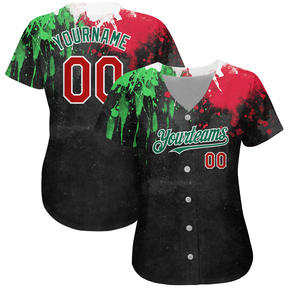 Custom Black Red Kelly Green 3D Mexican Flag Watercolored Splashes Grunge Design Authentic Baseball Jersey baseball jersey product view 2