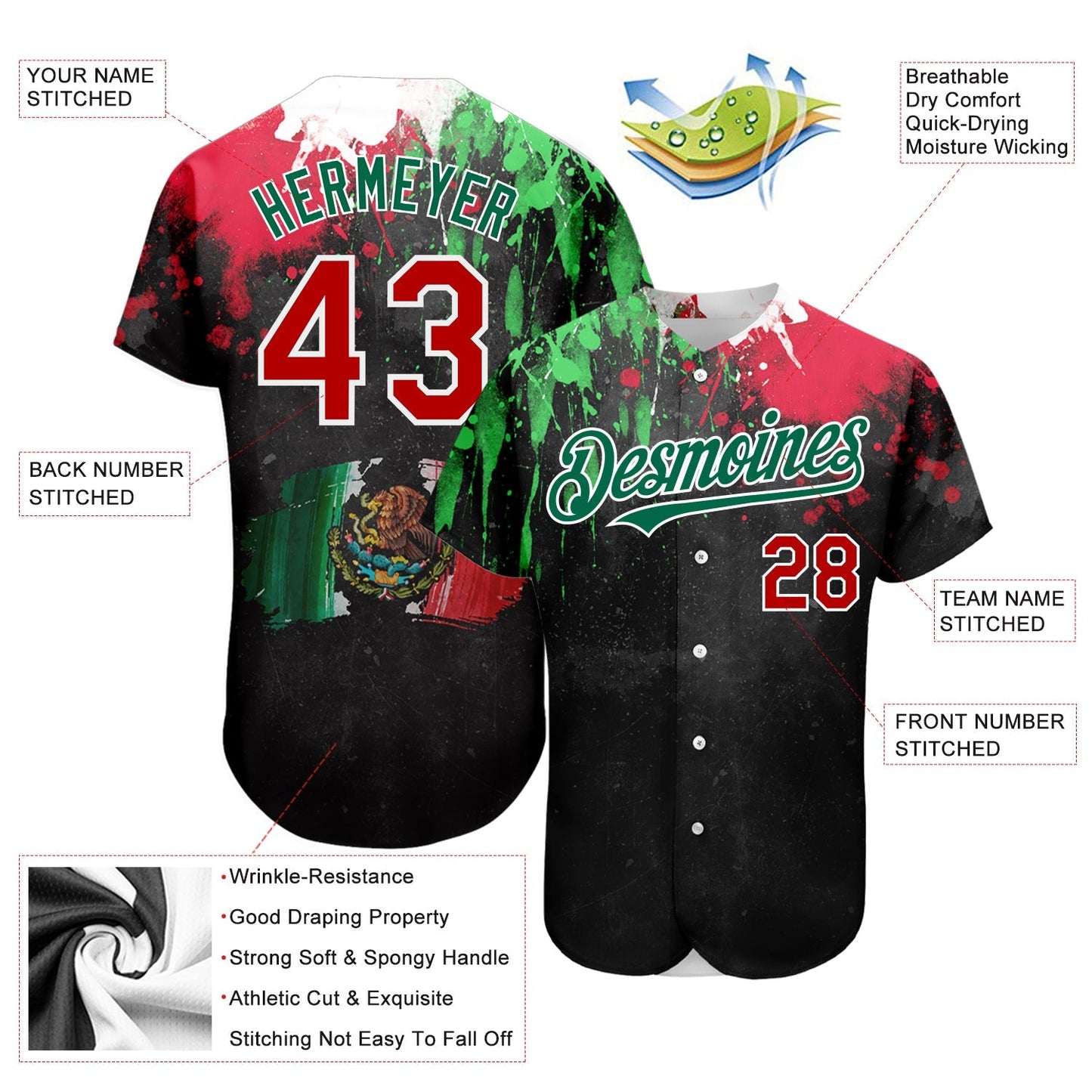 Custom Black Red Kelly Green 3D Mexican Flag Watercolored Splashes Grunge Design Authentic Baseball Jersey baseball jersey product view 3