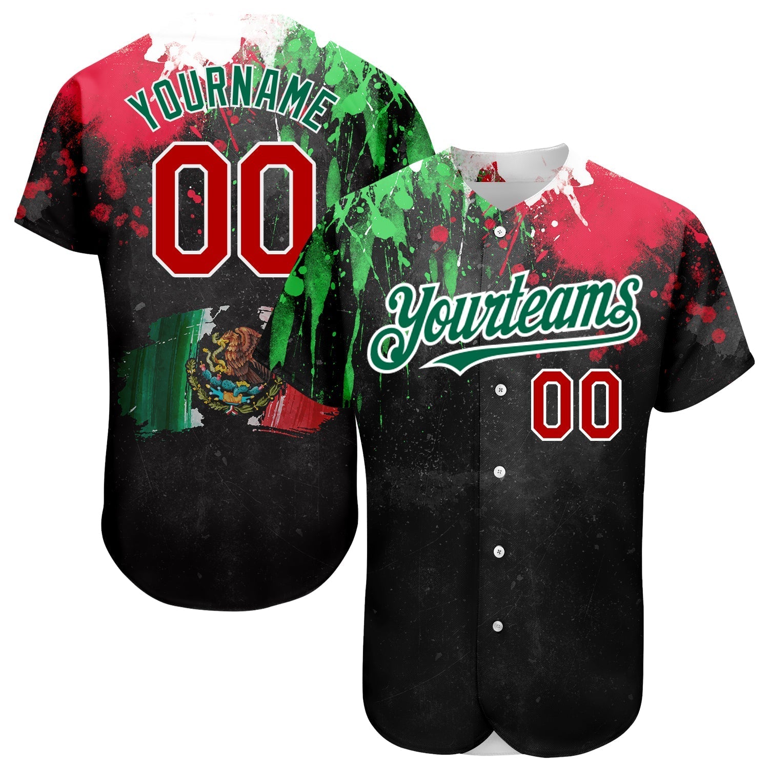Custom Black Red Kelly Green 3D Mexican Flag Watercolored Splashes Grunge Design Authentic Baseball Jersey baseball jersey product view 1