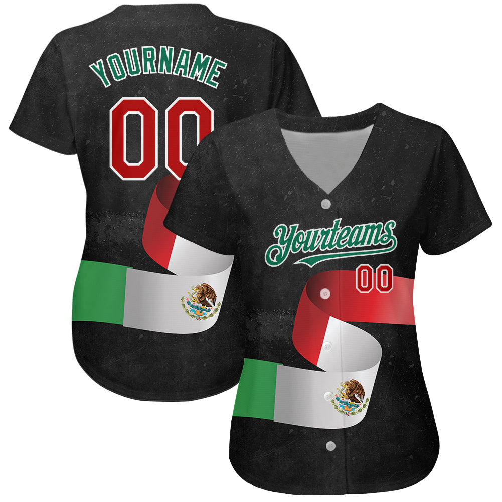 Custom Black Red Kelly Green 3D Mexican Flag Authentic Baseball Jersey baseball jersey product view 2