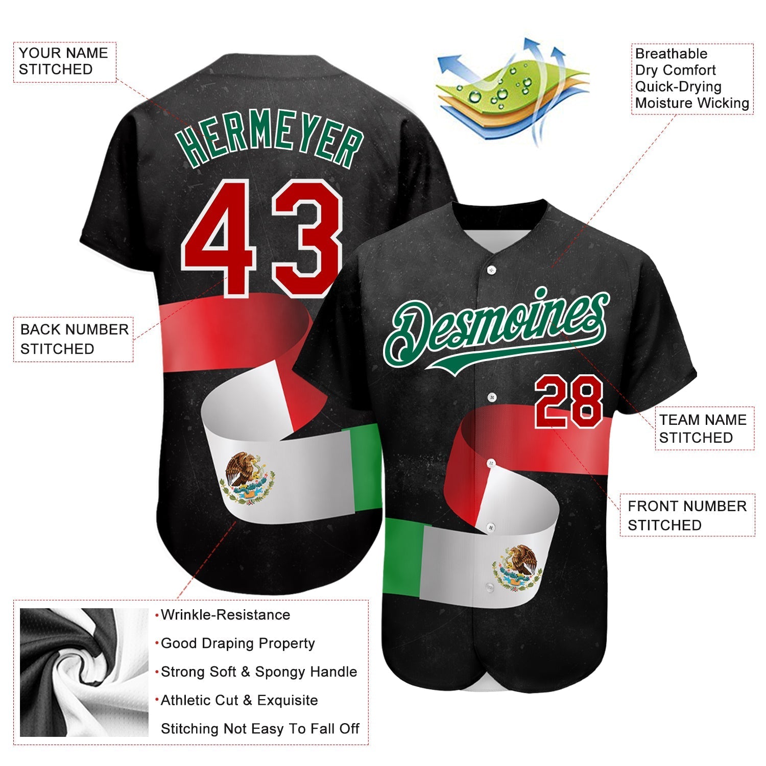 Custom Black Red Kelly Green 3D Mexican Flag Authentic Baseball Jersey baseball jersey product view 3