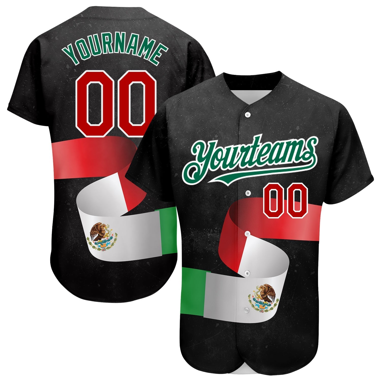 Custom Black Red Kelly Green 3D Mexican Flag Authentic Baseball Jersey baseball jersey product view 1