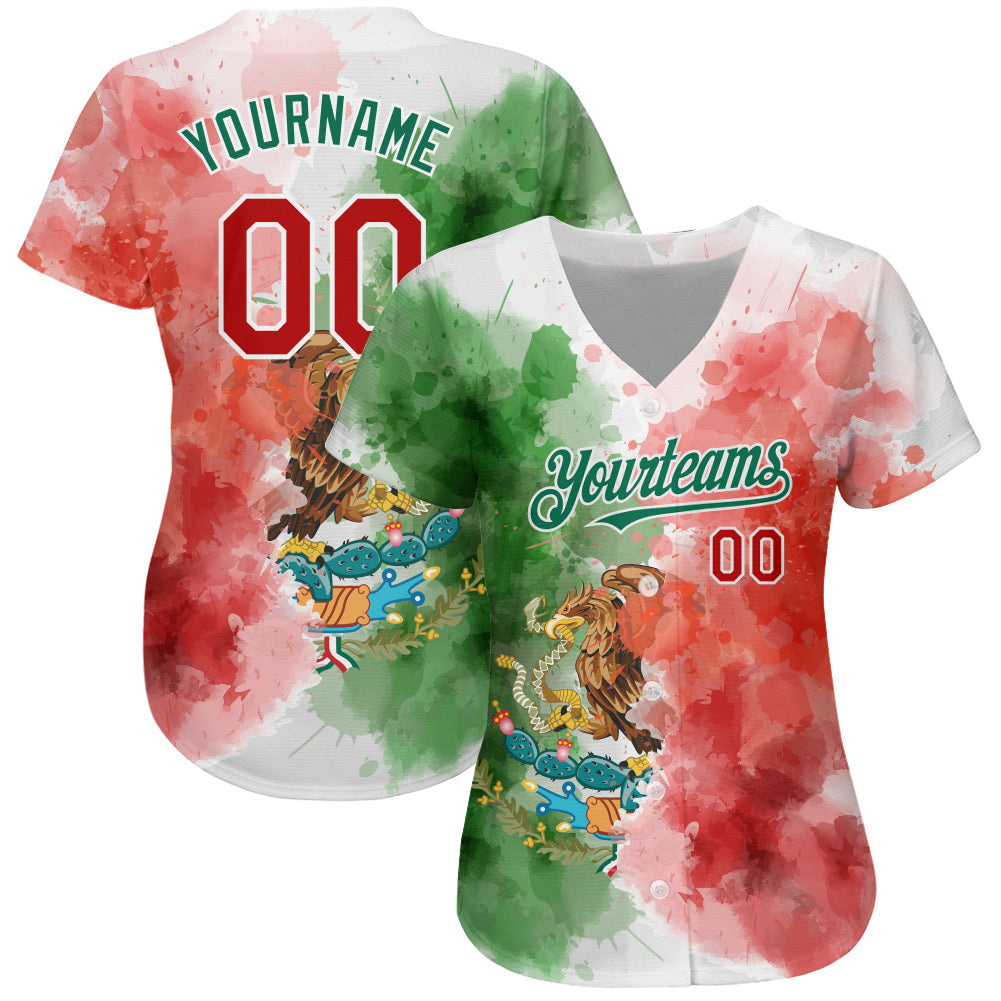 Custom Kelly Green Red-White 3D Mexican Flag Watercolored Splashes Grunge Design Authentic Baseball Jersey baseball jersey product view 2
