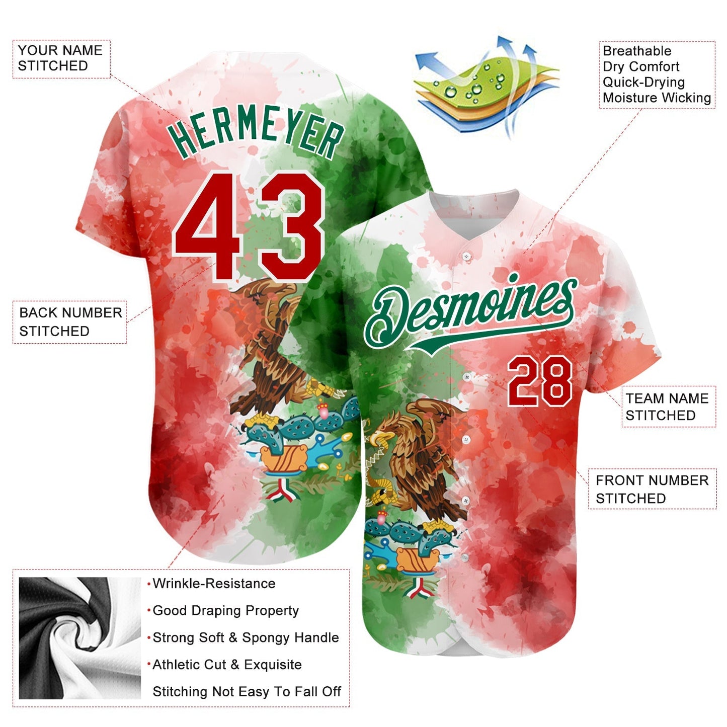 Custom Kelly Green Red-White 3D Mexican Flag Watercolored Splashes Grunge Design Authentic Baseball Jersey baseball jersey product view 3