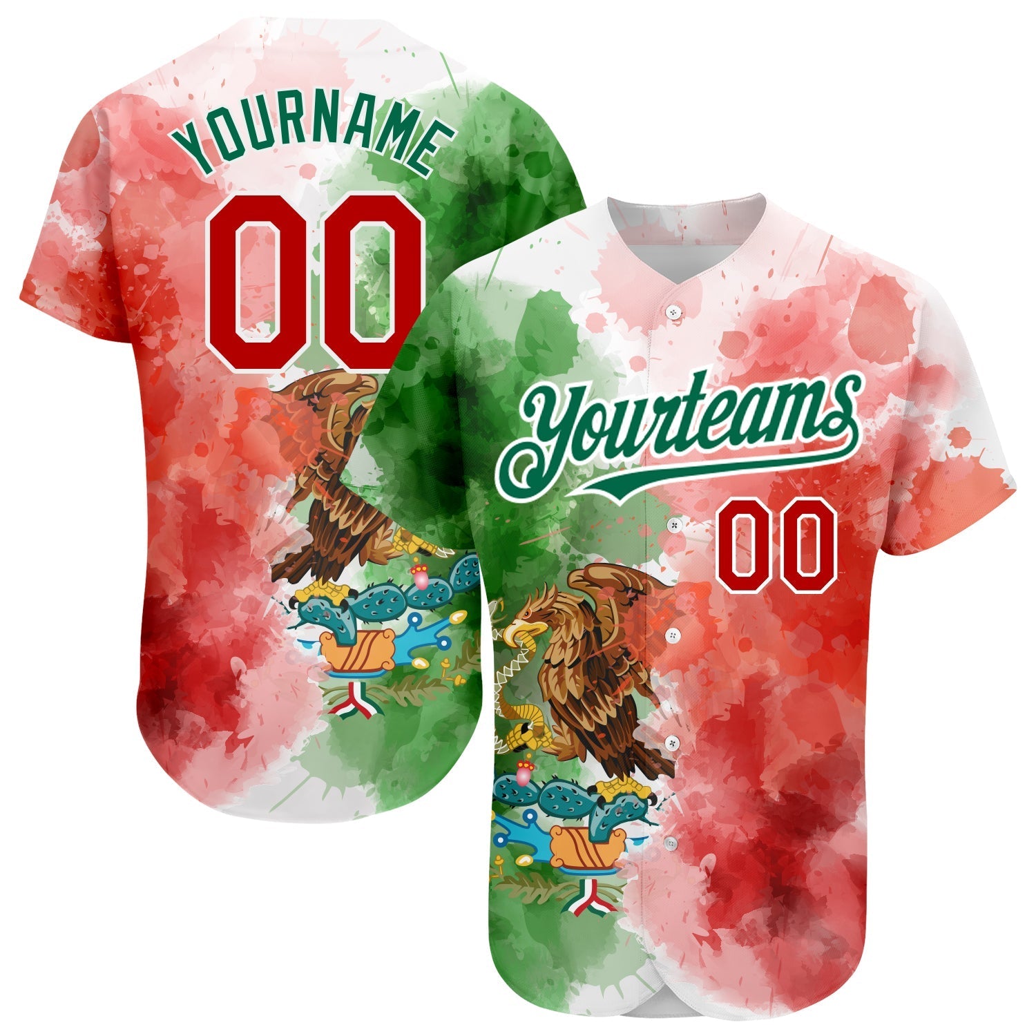Custom Kelly Green Red-White 3D Mexican Flag Watercolored Splashes Grunge Design Authentic Baseball Jersey baseball jersey product view 1
