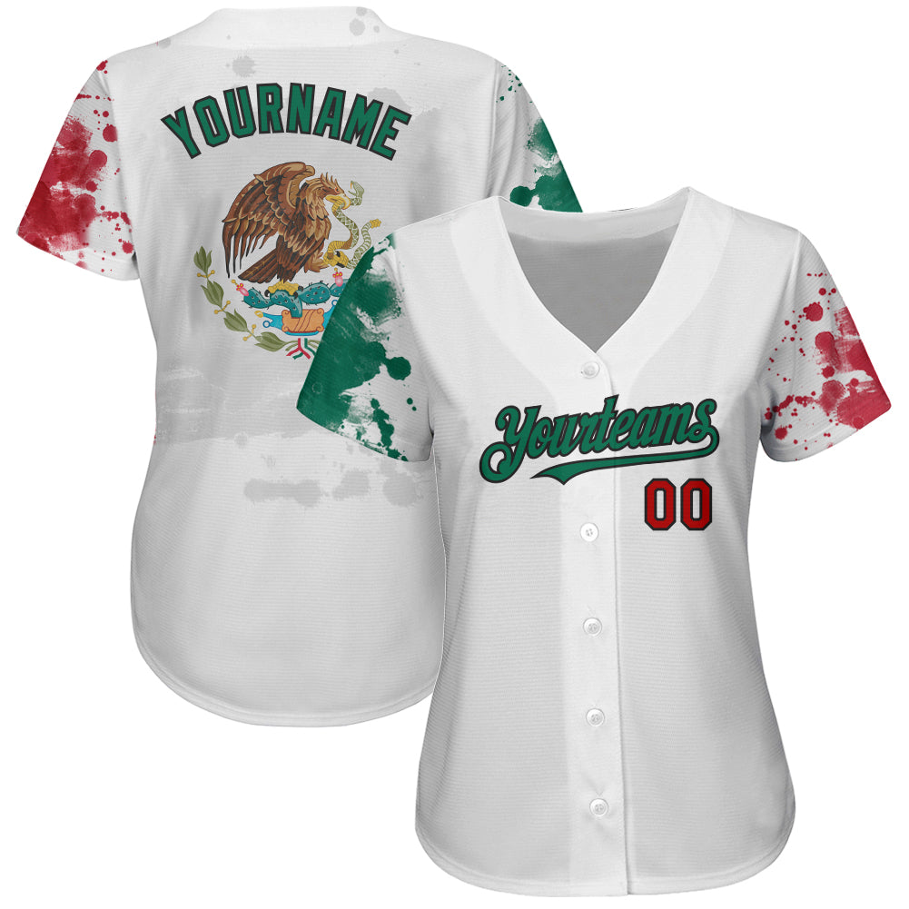 Custom White Red Kelly Green-Black 3D Mexican Flag Grunge Design Authentic Baseball Jersey baseball jersey product view 2