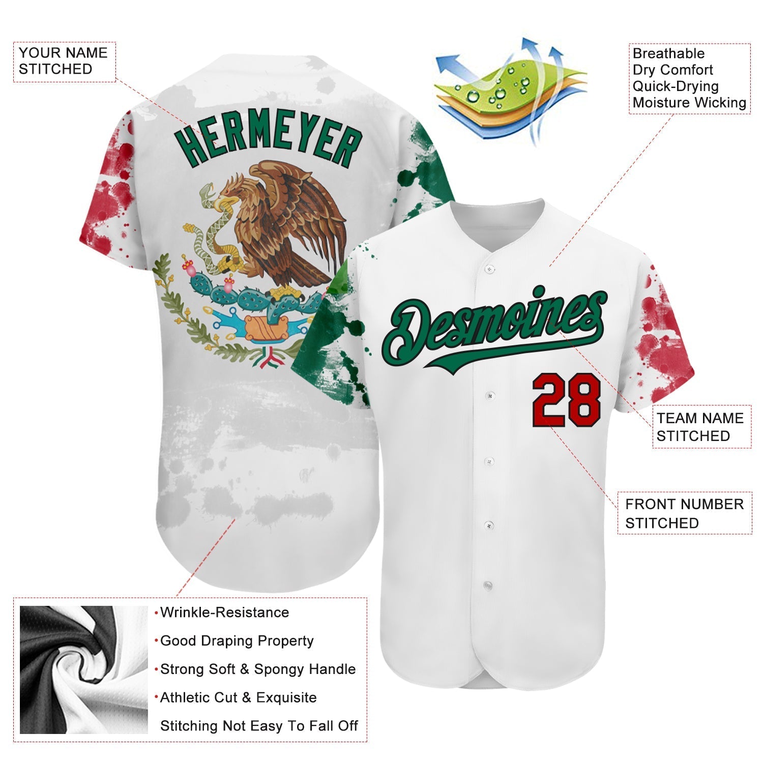 Custom White Red Kelly Green-Black 3D Mexican Flag Grunge Design Authentic Baseball Jersey baseball jersey product view 3
